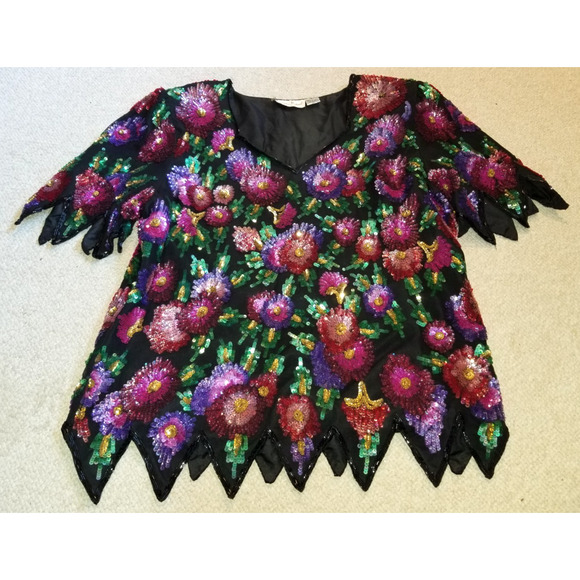 VINTAGE Womens Top-LAURENCE KAZAR-black/pink floral sequin/bead silk holiday -1X - Picture 1 of 6